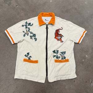 Tombolo Eye Of The Tiger Terrycloth Cabana Shirt Medium Cream Zip Polo
